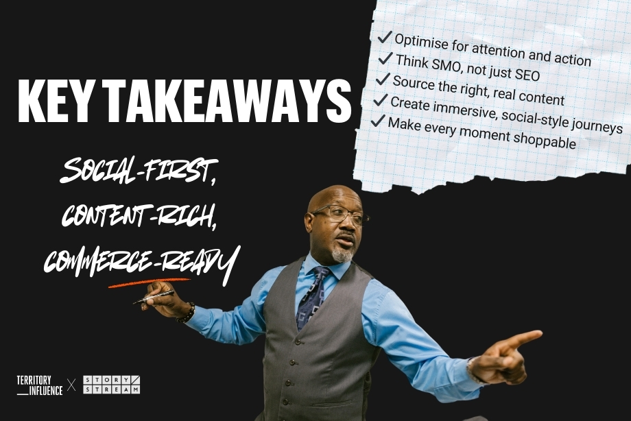 Image featuring a man in a blue shirt and grey vest gesturing with a pen, emphasizing five key takeaways for brands: Optimize for attention, Think SMO, Source real content, Create social-style journeys, Make moments shoppable. The text "KEY TAKEAWAYS: Social-First, Content-Rich, Commerce-Ready" is also present.